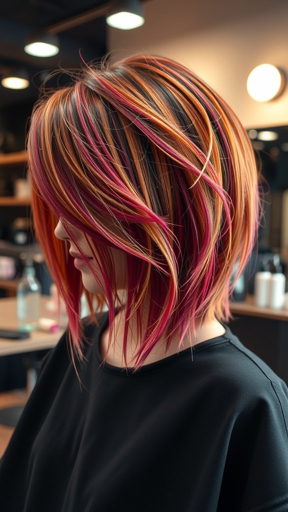 A vibrant shattered bob hairstyle featuring uneven layers in shades of orange and pink.