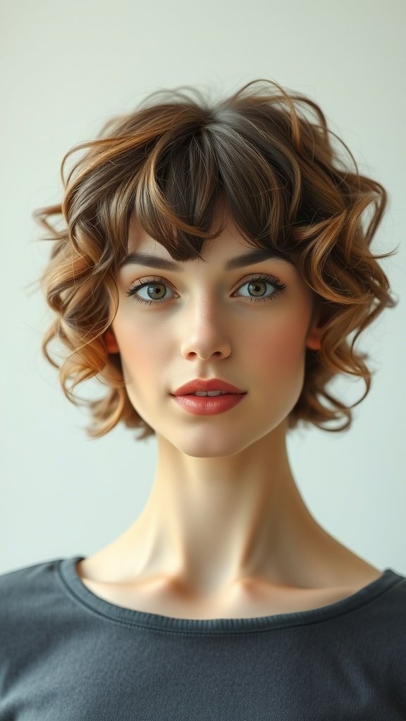 A woman with a short curly bob hairstyle and bangs, showcasing a feminine look.