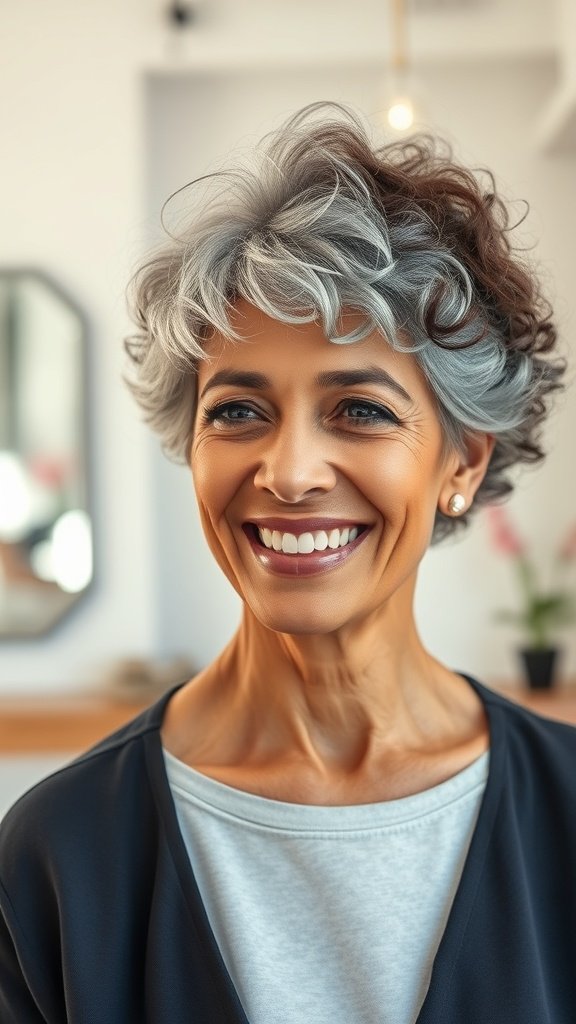 A woman with a short curly bob hairstyle, showcasing natural texture and gray highlights, smiling confidently.