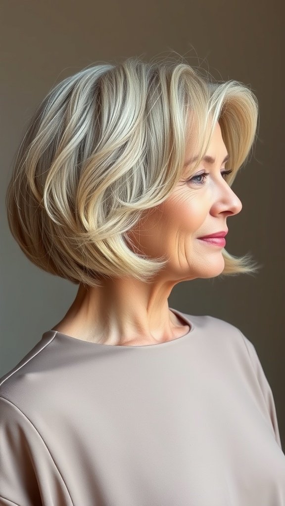 A woman with a short layered bob hairstyle, showcasing soft layers and a stylish look.