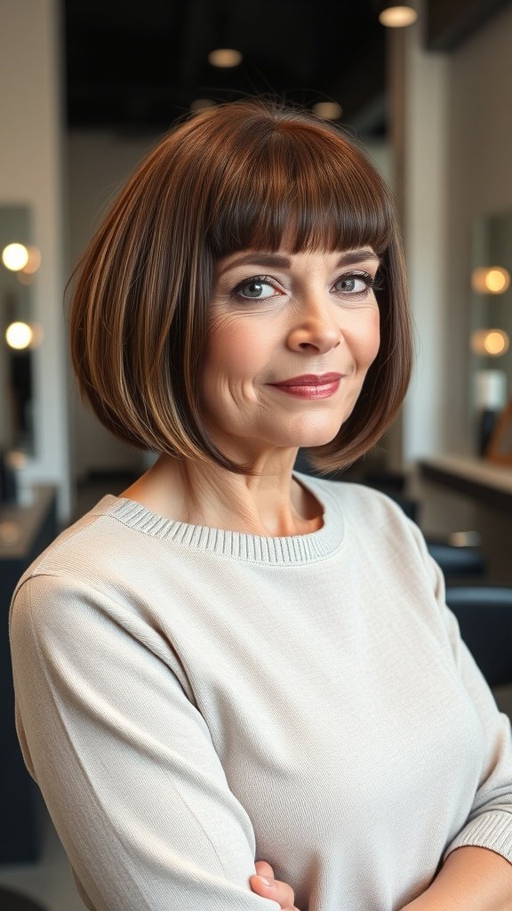 A woman with a sleek bob hairstyle, featuring precise angles and no bangs, smiling confidently.