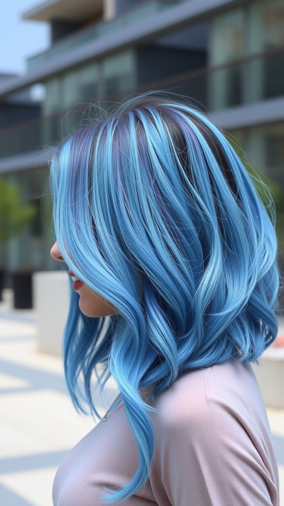 Sleek wavy bob hairstyle with cornflower blue streaks