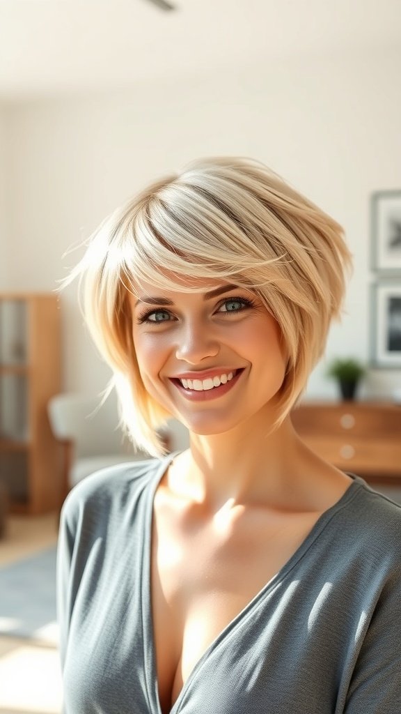 A woman with a soft pixie bob hairstyle featuring curtain bangs, smiling in a bright, modern room.