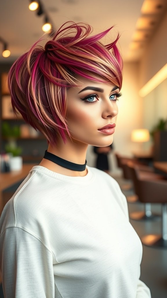 A woman with a stacked cut featuring an asymmetrical layered top, showcasing vibrant colors and playful spikes.