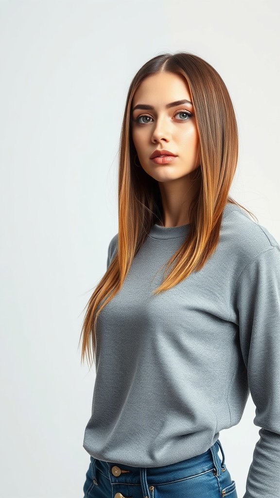A model with straight hair featuring disconnected layers, wearing a gray sweater and blue jeans.