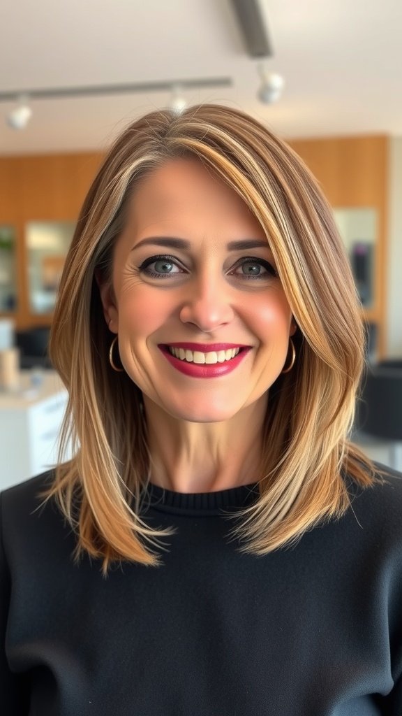 A woman with straight medium hair featuring feathered layers, smiling confidently.