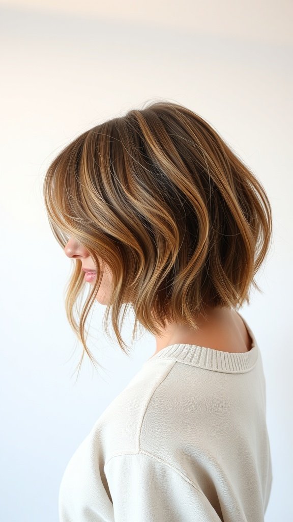 A woman with a subtle feathered bob hairstyle featuring an ombre effect, showcasing soft layers and a sun-kissed look.