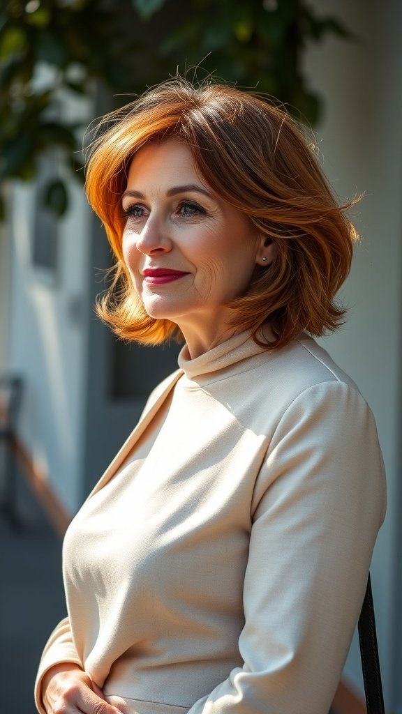 A woman over 60 with sun-kissed bronze hair styled in textured waves, wearing a light-colored top.