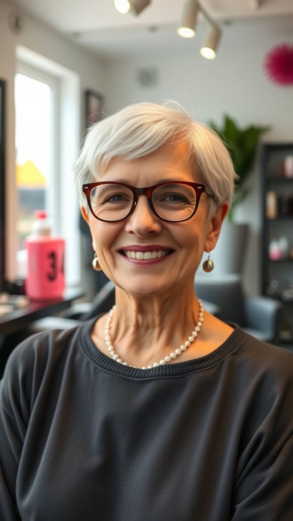 A smiling older woman with a tapered neckline pixie cut and glasses, showcasing a stylish and modern look.