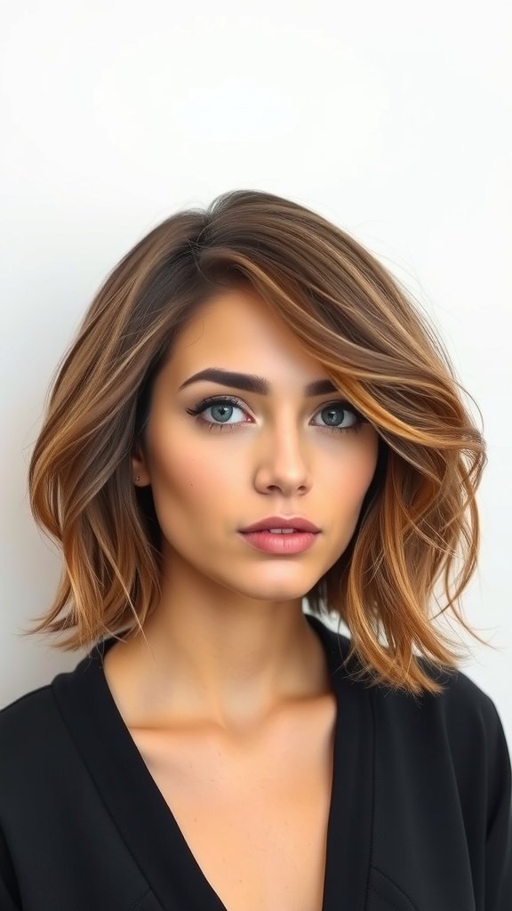 A woman with a voluminous chin-length hairstyle featuring a tapered nape, showcasing soft waves and a stylish look.