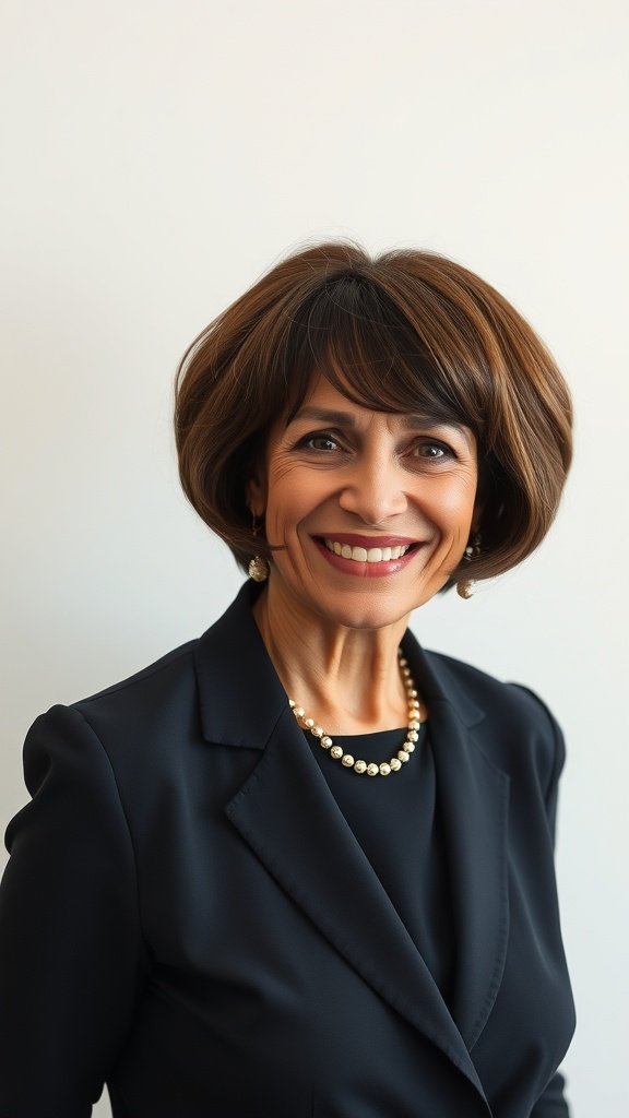 A woman with a voluminous rounded bob hairstyle, smiling confidently in a professional outfit.