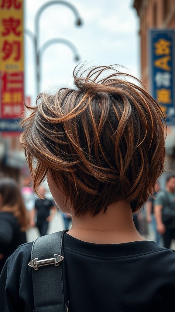 A person with a voluminous shag haircut featuring chestnut streaks, seen from the back in an urban setting.