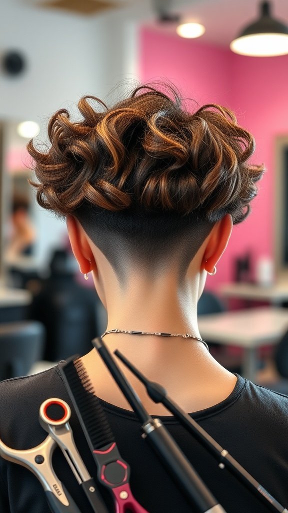A back view of a pixie cut with volumizing curls at the top and a tapered back, showcasing a modern hairstyle.