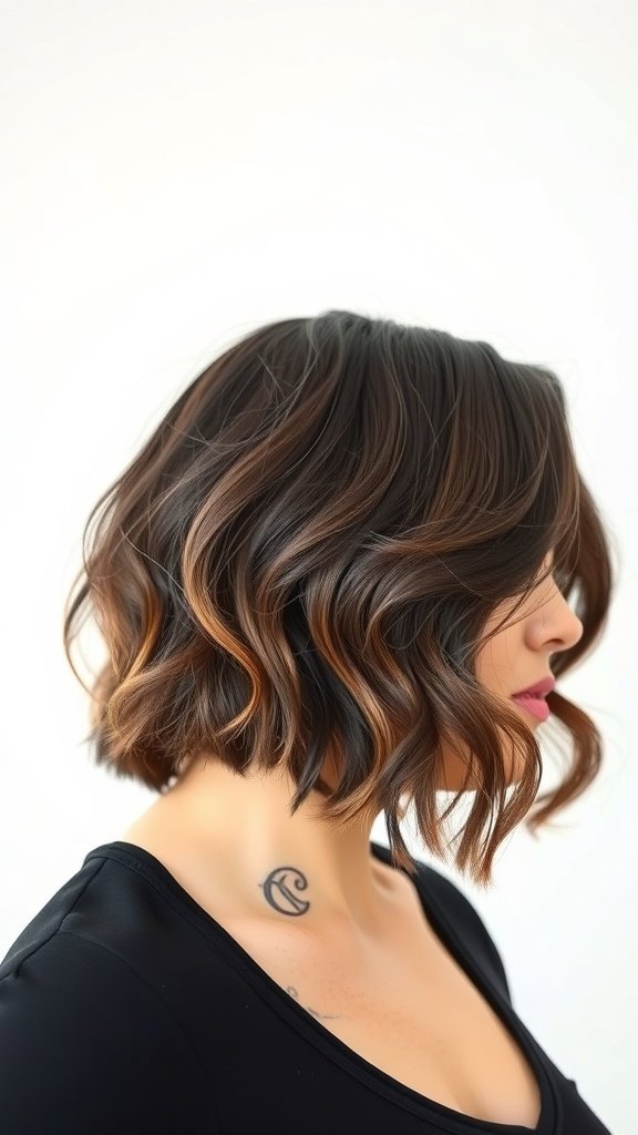 A stylish wavy bob hairstyle with razor cut ends, showcasing soft waves and textured tips.