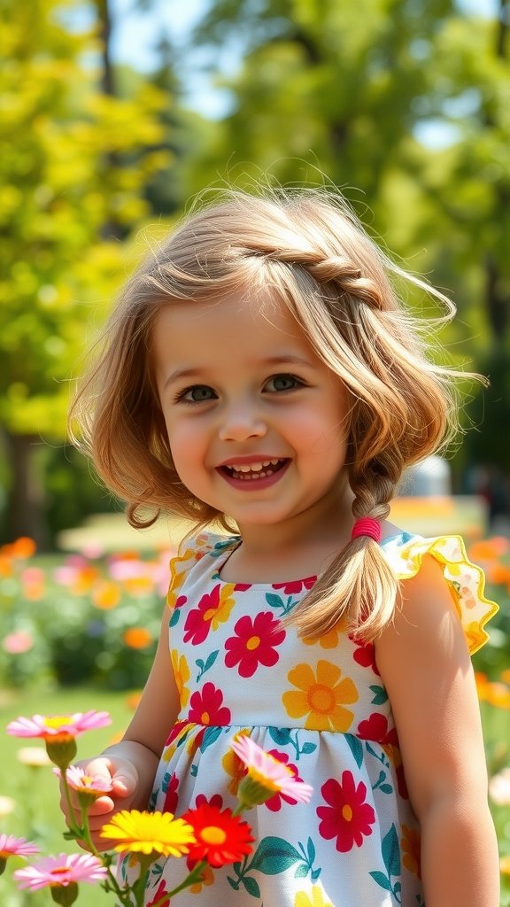 A young girl with a wavy bob hairstyle and a side braid, smiling in a flower garden.
