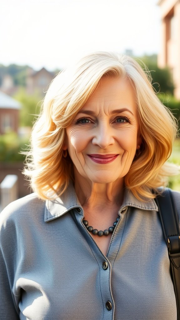 A woman over 70 with a wavy lob hairstyle featuring sun-kissed balayage.