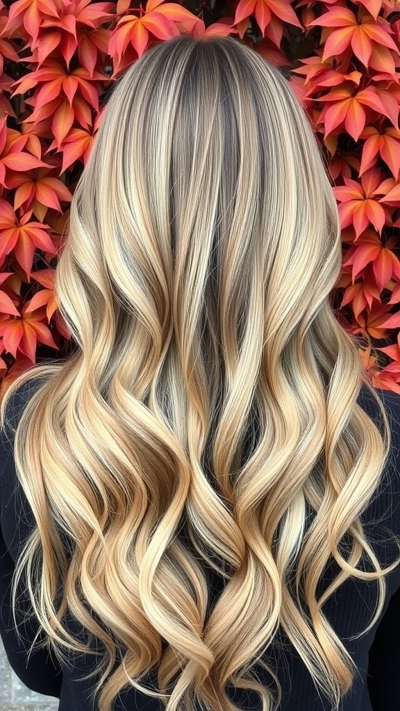 A back view of long, wavy hair with balayage in golden blonde tones, set against vibrant autumn leaves.