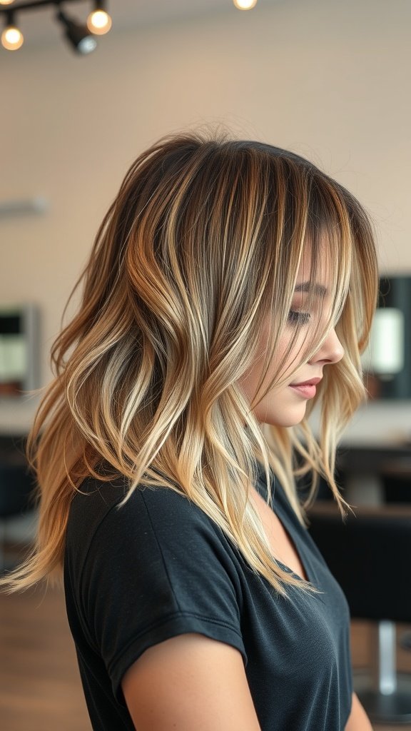 A woman with a wispy layered haircut and balayage, showcasing soft layers and a sun-kissed color gradient.