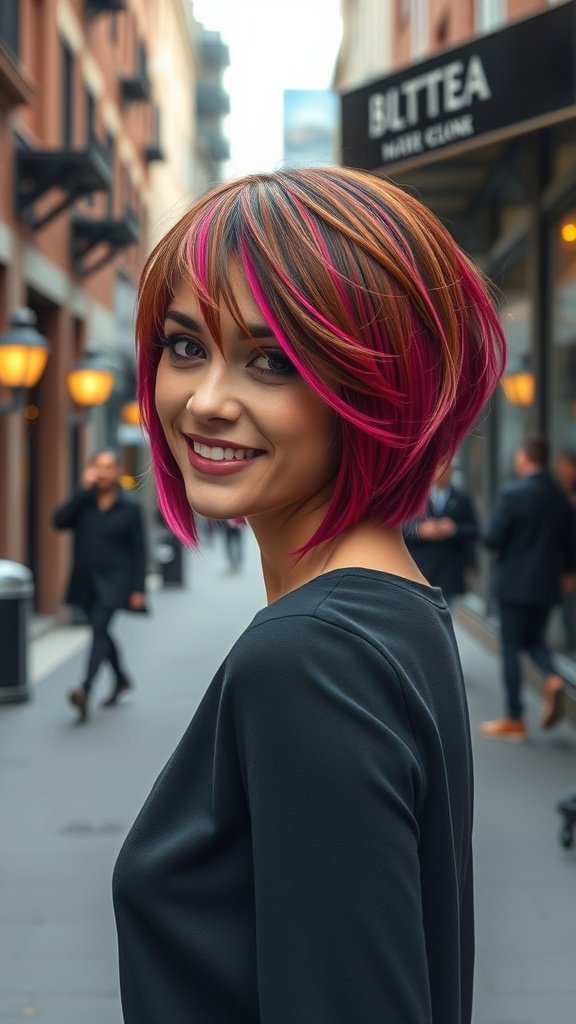 A woman with a layered micro bob hairstyle featuring flipped-out ends and vibrant colors, smiling in a city street.