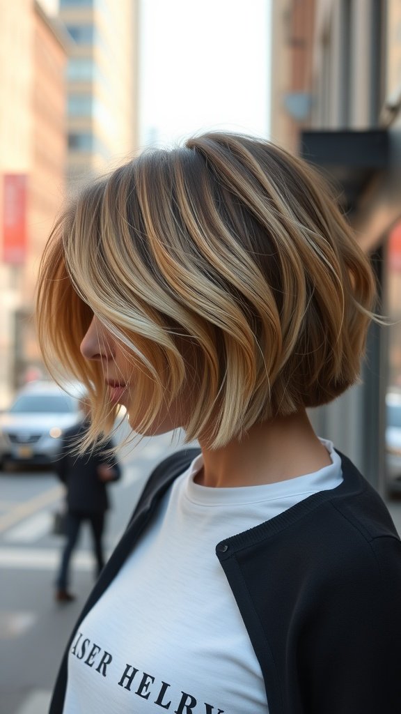 A woman with an angled bob hairstyle featuring flowing waves, showcasing highlights and a stylish urban backdrop.