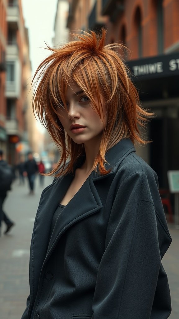 A model with auburn shaggy mullet hairstyle, showcasing layers and texture in an urban setting.