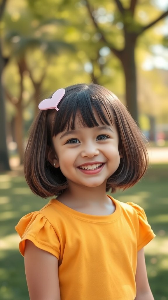 A young girl with a bob hairstyle and a heart-shaped clip, smiling in a park.