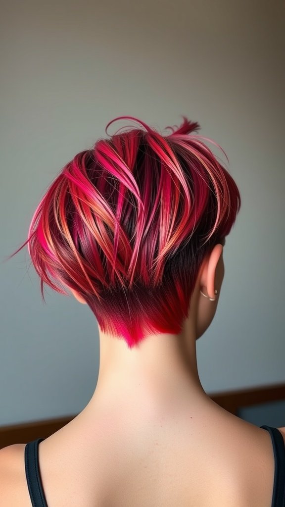 A vibrant asymmetrical pixie haircut with shades of pink.