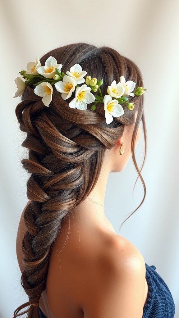 A woman with a braided crown hairstyle adorned with white and yellow flowers.
