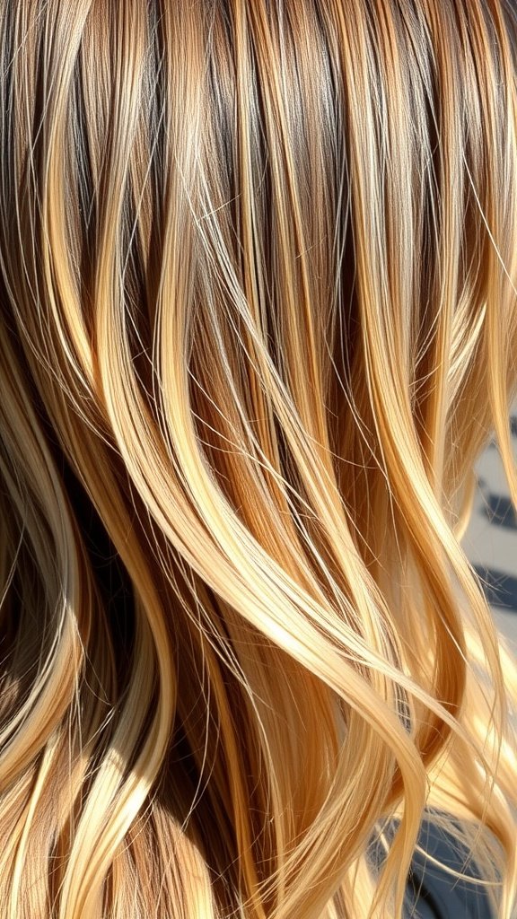 Caramel balayage hairstyle with delicate blonde highlights and soft waves