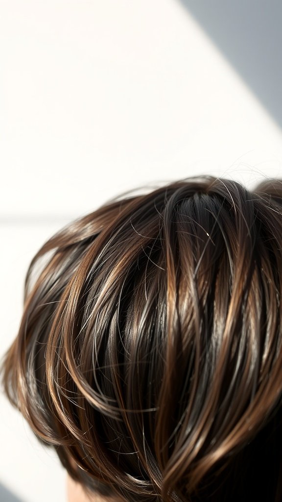 Short brown hair with caramel highlights