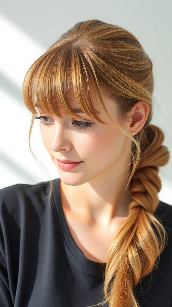 A woman with a casual low ponytail and wispy bangs, showcasing a soft and stylish look.