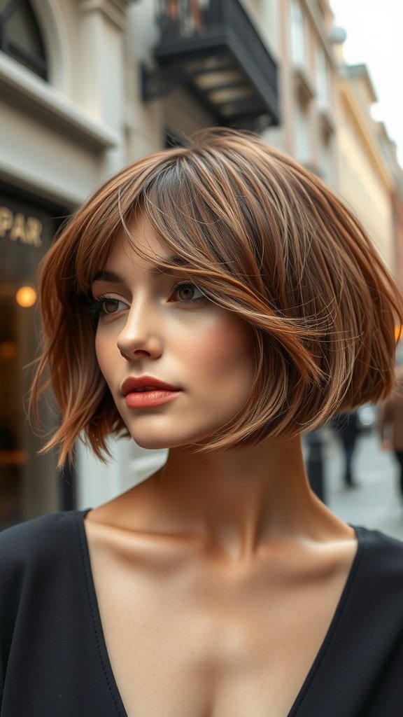 A woman with a chestnut brown box bob hairstyle featuring wispy bangs, looking stylish in an urban setting.