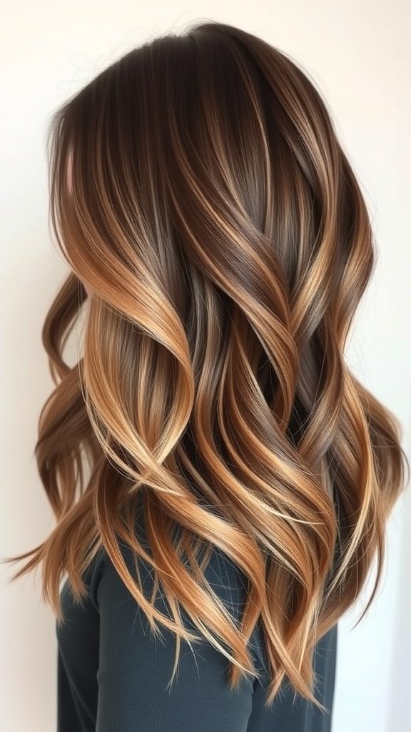 A stylish chestnut brown to caramel lob hairstyle with soft waves.