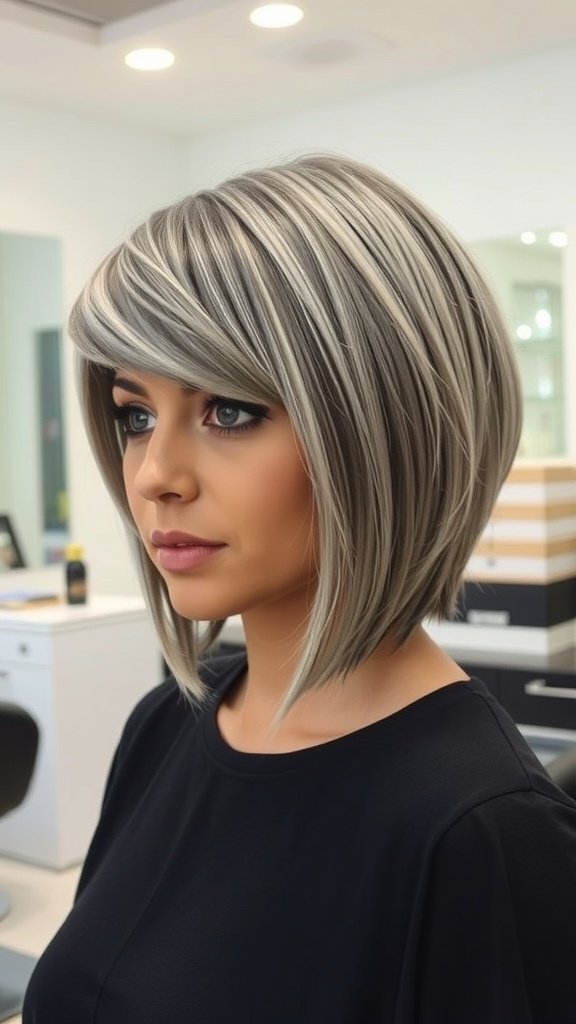 A woman with a chin-length bob hairstyle featuring a geometric fringe, showcasing a stylish gray color.