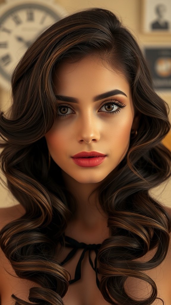 A woman with chocolate brown retro waves and bold makeup, showcasing a stylish hairstyle.