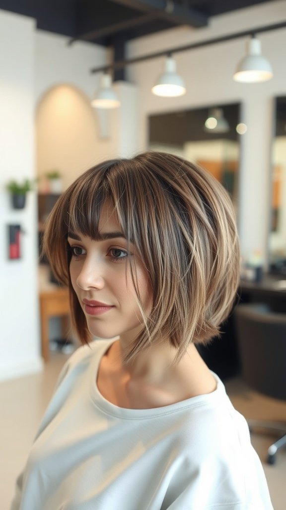 A woman with a choppy bob hairstyle featuring mini bangs, showcasing a stylish and playful look.