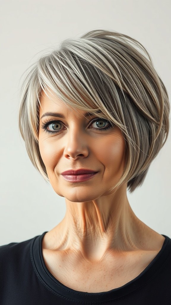 A woman with a choppy bob hairstyle featuring shadow roots, showcasing a modern and stylish look.