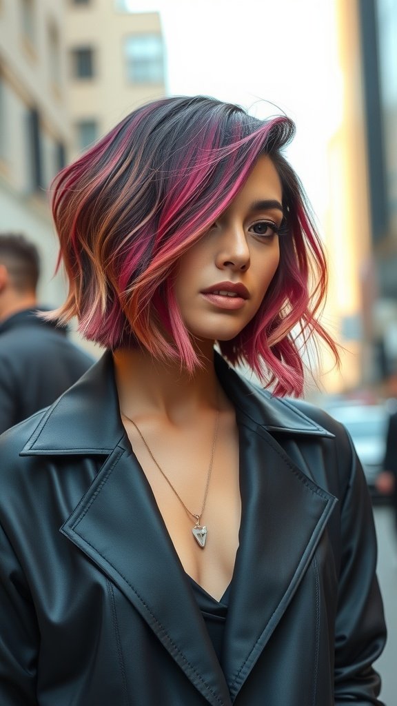 A woman with a choppy bob hairstyle featuring soft waves and feathered ends, wearing a stylish black jacket.
