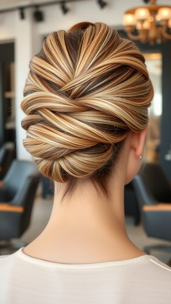 A classic chignon hairstyle featuring blonde hair with dark roots, showcasing intricate weaving and a stylish look.