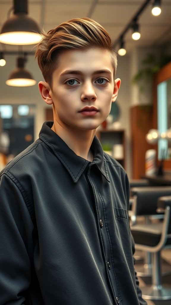 Teenage boy with a comb over hairstyle featuring a hard part, looking stylish in a barbershop.