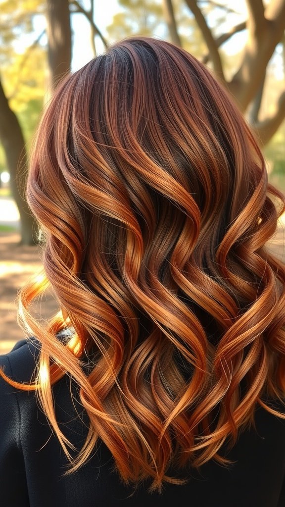A back view of wavy auburn hair with copper balayage highlights, showcasing a vibrant and warm hairstyle.
