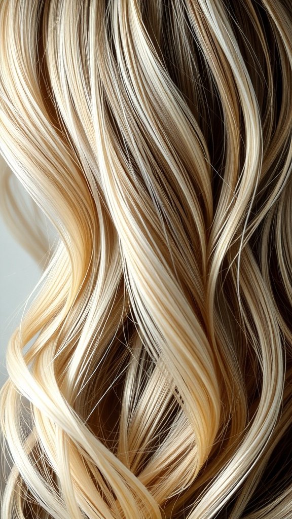 Close-up of light brown hair with creamy blonde highlights styled in waves