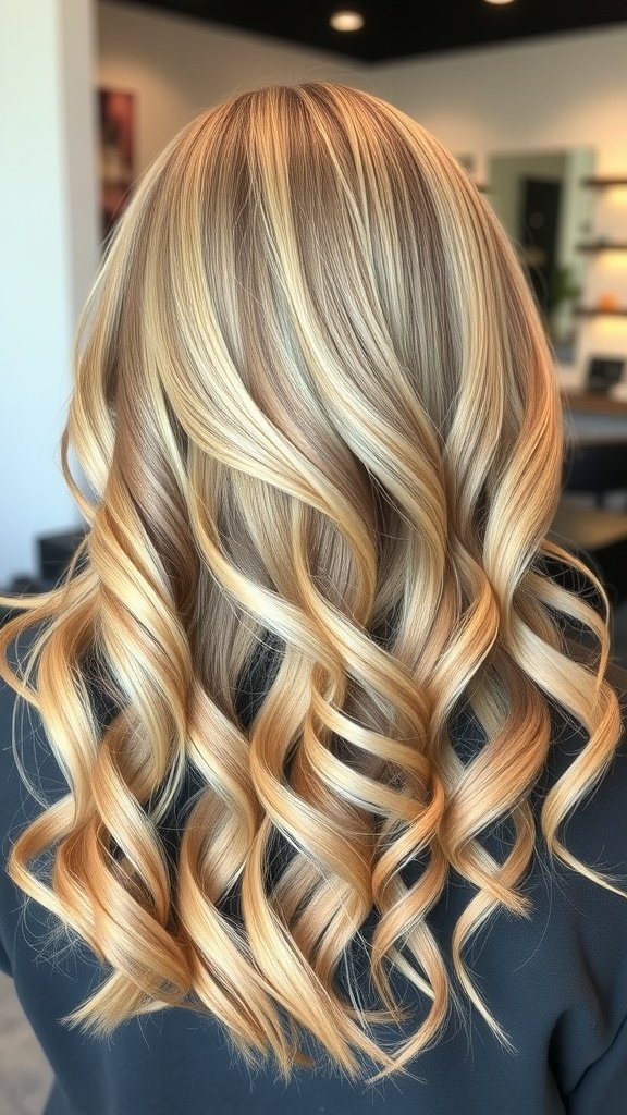 A back view of a person with soft, bouncy curls styled on a chunky blonde balayage.