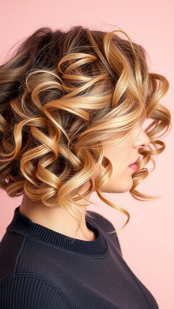 A woman with a curly bob hairstyle featuring a dramatic side part, showcasing bouncy curls and a soft, romantic look.