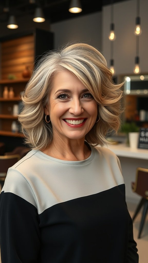 A woman with a curly bob hairstyle featuring long side bangs, smiling in a modern setting.