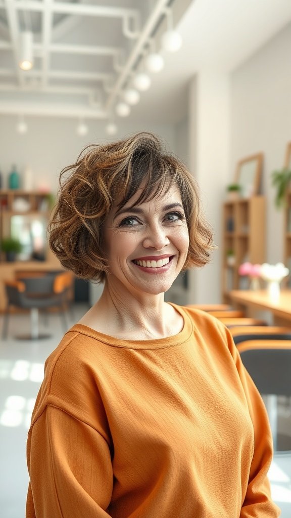 A woman with a curly pixie haircut and defined bangs, smiling in a cozy, modern setting.