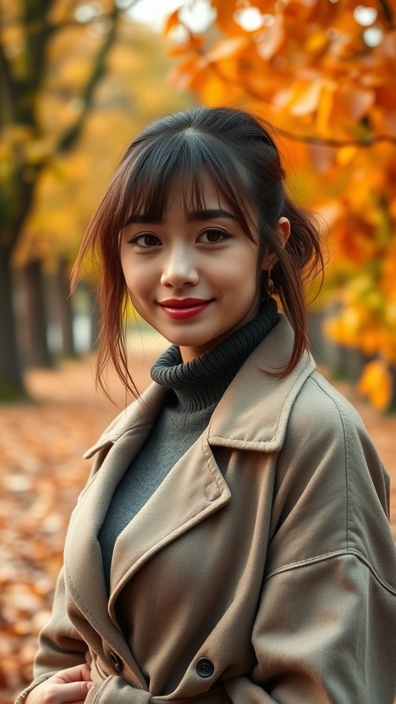 A woman with curtain bangs standing in an autumn setting, wearing a stylish coat.