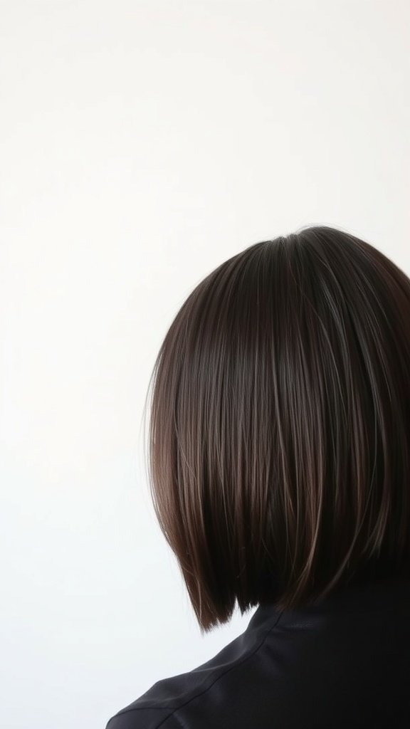 A back view of a dark brown bob haircut with razor ends.