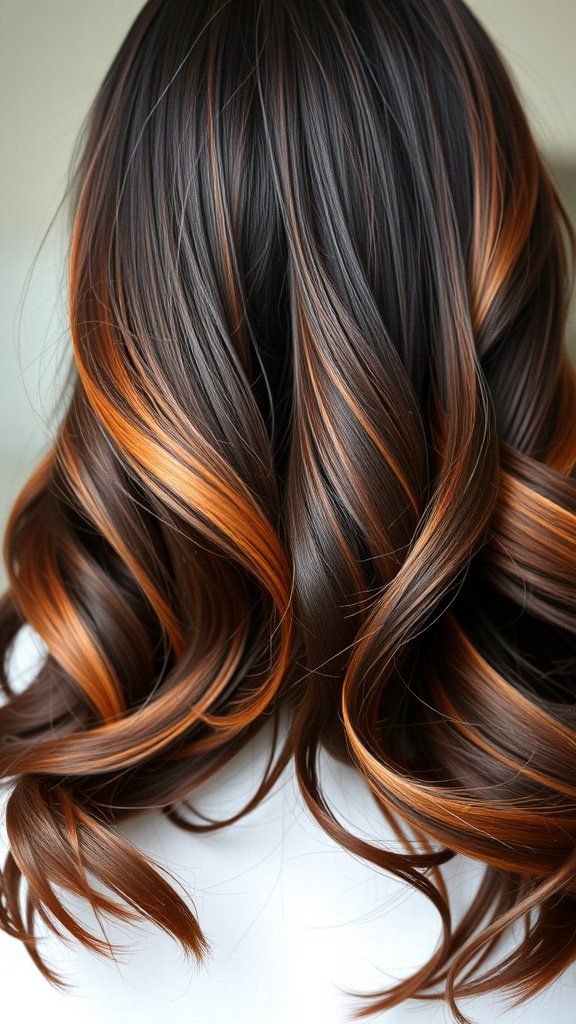 Dark brown hair with vibrant orange highlights styled in loose curls