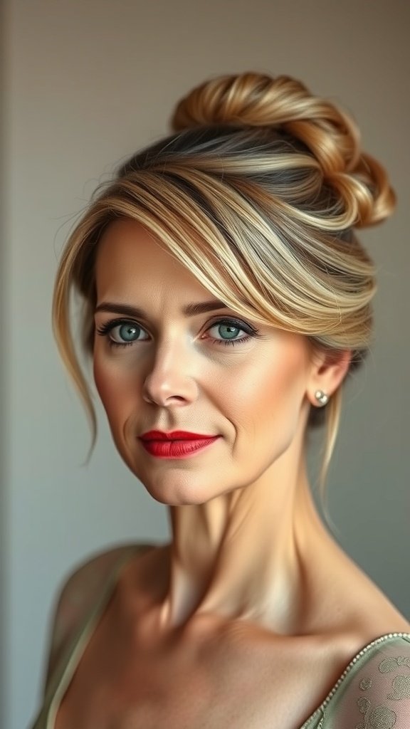 A woman with a chignon hairstyle featuring face-framing pieces, showcasing a youthful and elegant look.